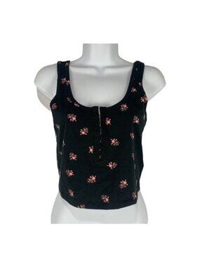 Aeropostale Womens Floral Sleeveless Crop Top Medium Black Pink Scoop Neck Cute